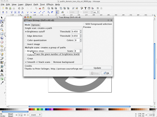 Opening the Trace bitmap dialog  window