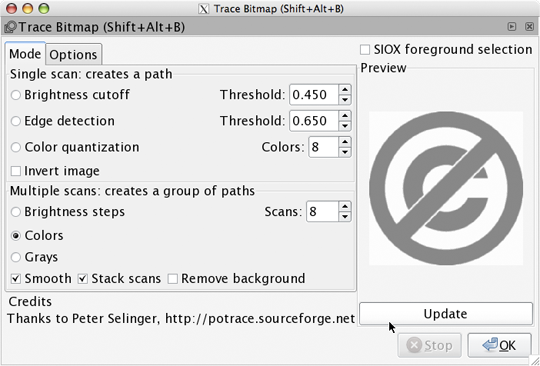 Trace bitmap dialog window