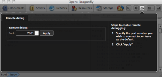 Il pannello di remote debugging in Dragonfly