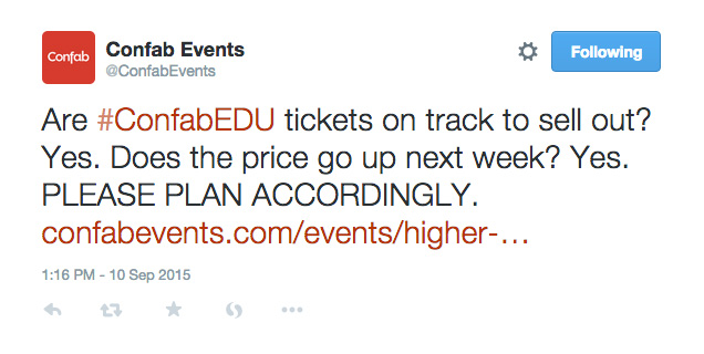 Screenshot di un tweet di Confab Events che pubblicizza i prezzi dei biglietti con un link per l'acquisto dei biglietti.