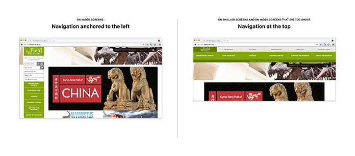 Screenshot della navigazione responsive di Field Museum a larghezze strette e larghe.