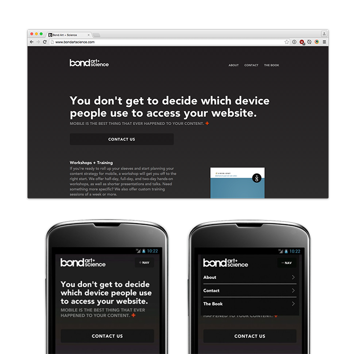 Screenshots del sito dell'azienda di Karen McGrane, che mostra una navigazione tradizionale su schermi più larghi e un display toggled su larghezze più piccole.