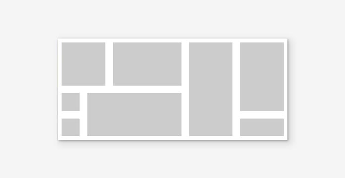 Rettangolo bianco che rappresenta l'assemblaggio completo dei mattoncini della figura precedente con rettangoli grigi rappresentanti l'area occupata dai piroli, che mostra che il padding crea dei gutter a dimensione intera tra le aree dei piroli ma solo metà gutter attorno al margine esterno.