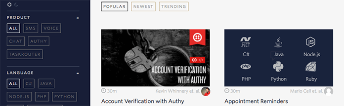 Screenshot della pagina del tutorial di Twilio