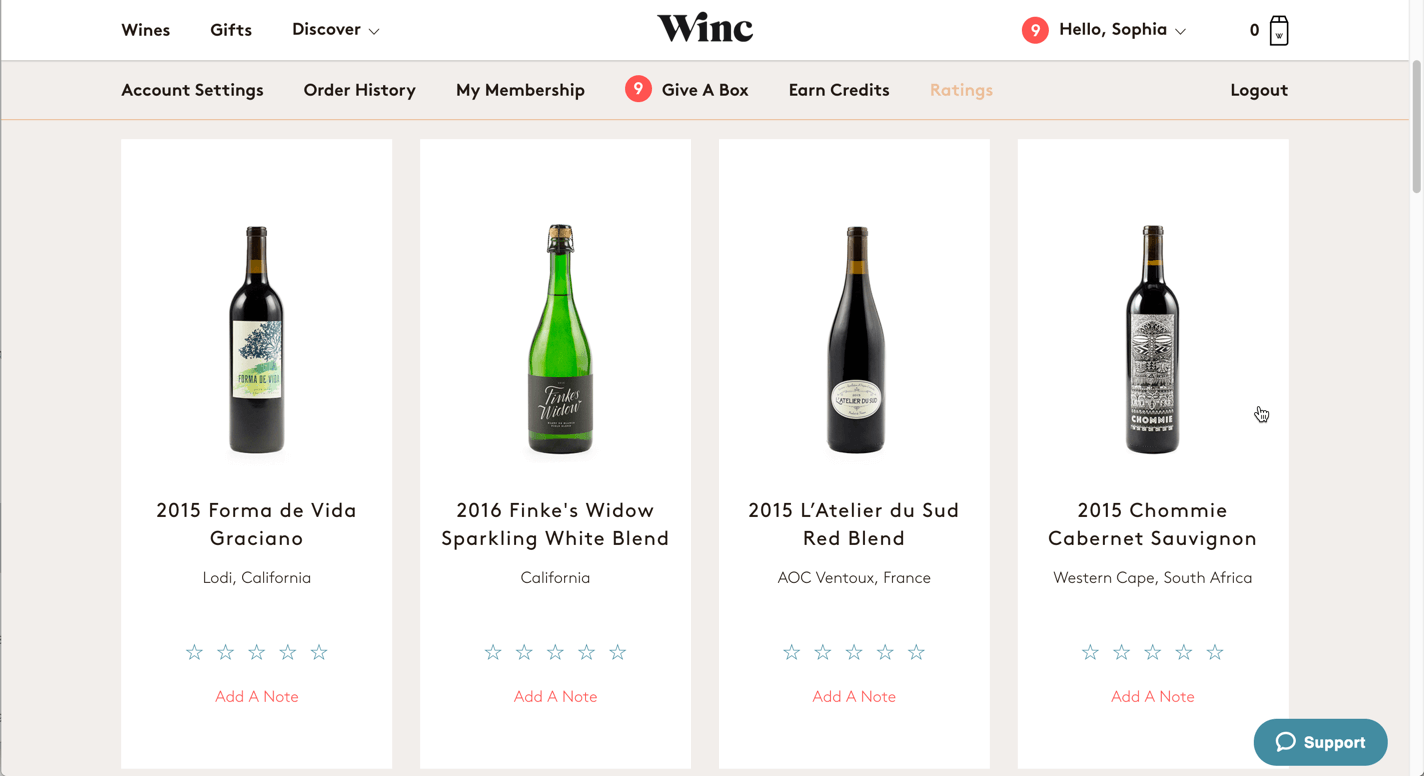 Screenshot del tab di rating di Winc.com
