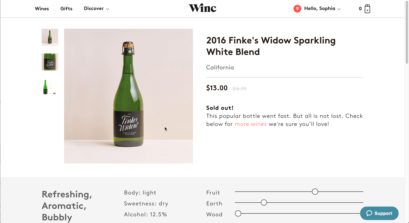 Screenshot della pagina di dettaglio prodotto di Winc.com