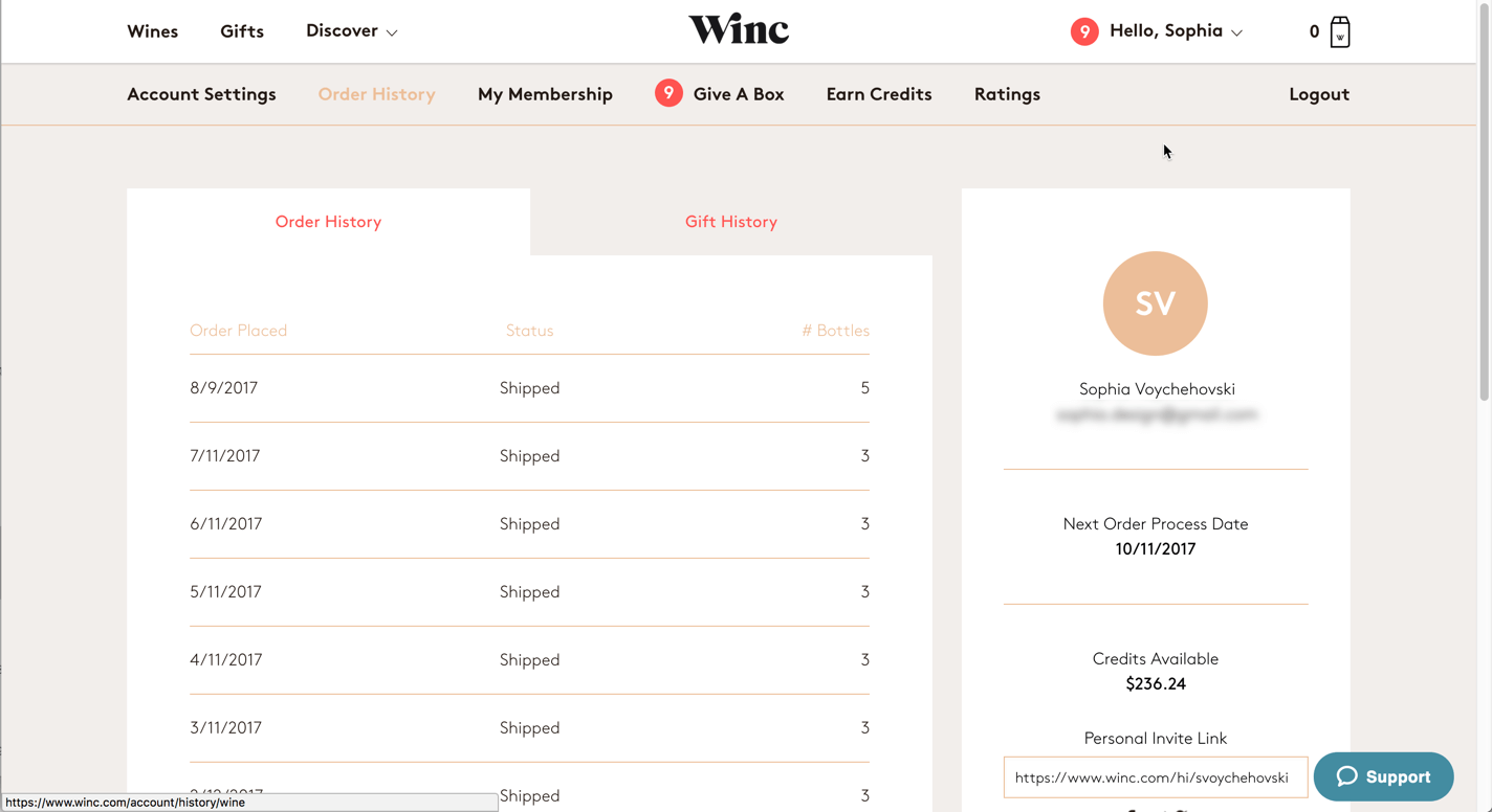 Screenshot della pagina con lo storico degli ordini di Winc.com