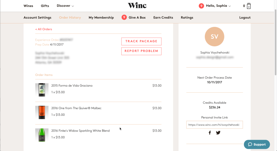 Screenshot del dettaglio della pagina Order History di Winc.com