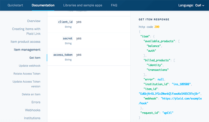 Screenshot della pagina di documentazione della API di Plaid