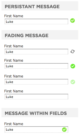 Three variations of displaying validation messages