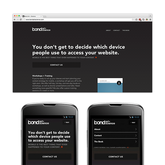 Screenshots of Karen McGrane’s company site, showing a traditional navigation on wider screens and a toggled display at narrower widths.