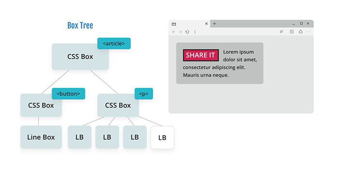 Diagram of a box tree with a CSS box for an article with two branches: a CSS box for a button floated left and a CSS box for a paragraph. The paragraph has now been parsed and broken into four lines, and there are four line boxes in the diagram to show this.
