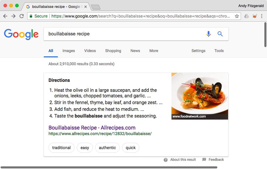 Google search results page for a bouillabaisse recipe including an image, numbered directions, and tags.
