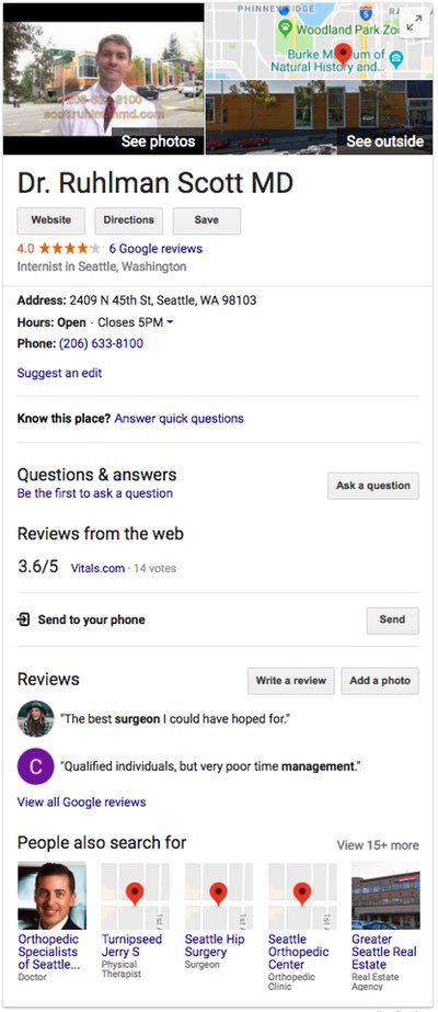 Google search results info box for Dr. Ruhlman, showing an photo; a map; ratings; an address; reviews; buttons to ask a question, leave a review, and add a photo; and other people searched for.