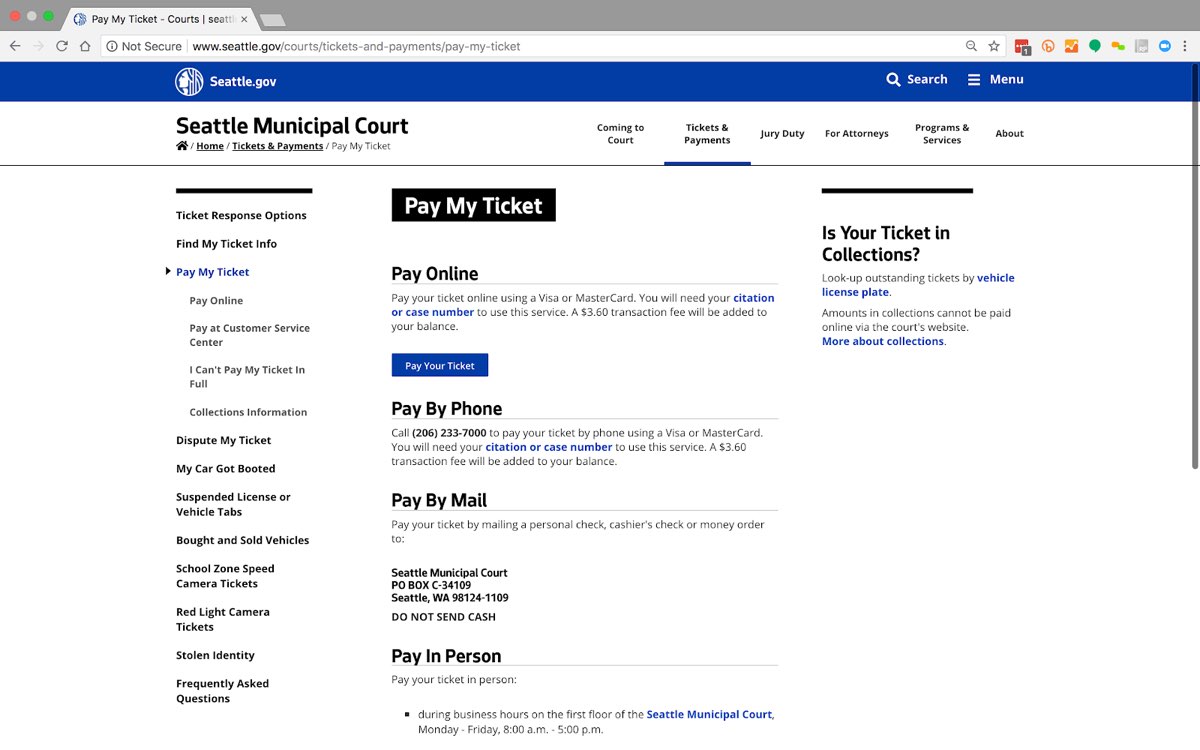 The City of Seattle website‘s “Pay My Ticket” page, showing four methods to pay a parking ticket in a simple, all-text layout.