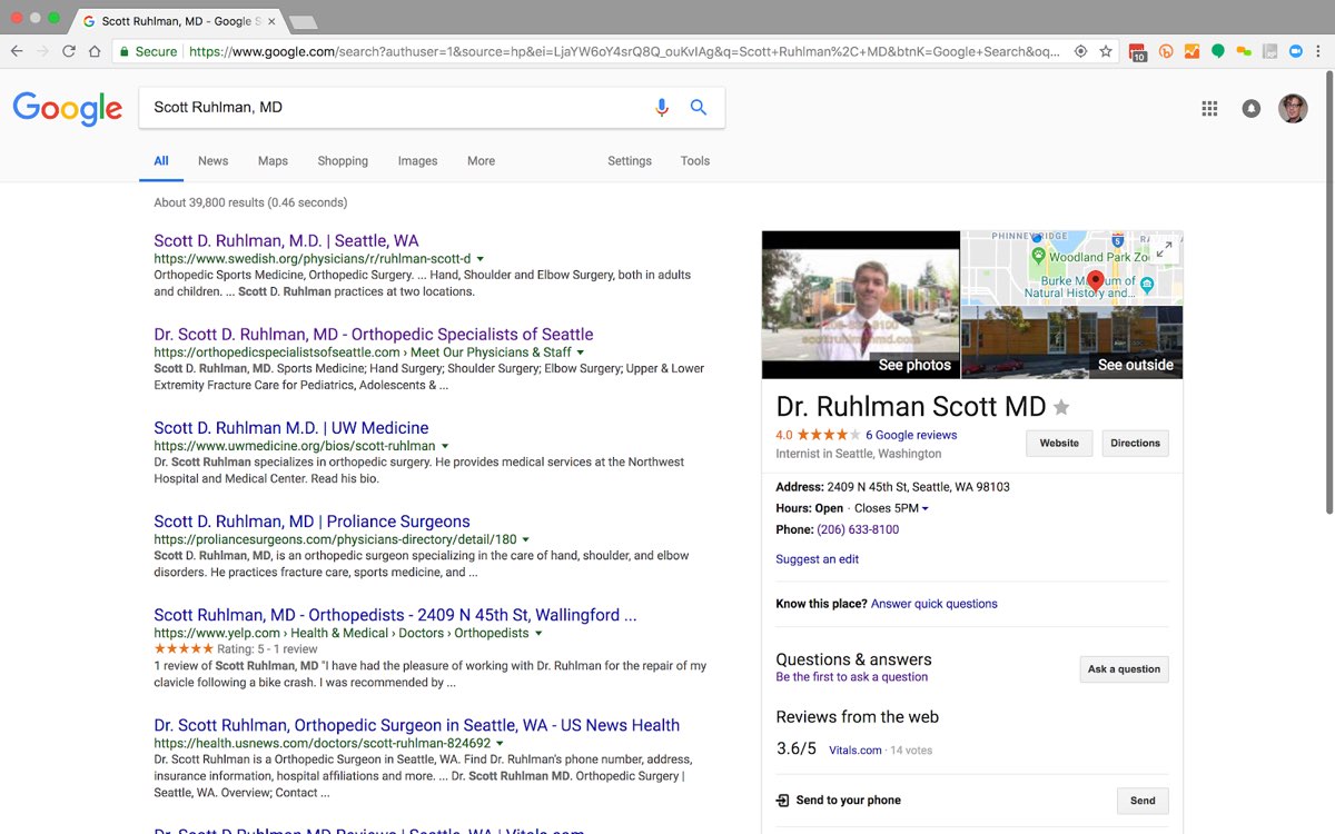 Google search results page for Scott Ruhlman, MD, showing a list of standard links and an info box with an image, a map, ratings, an address, and reviews information.