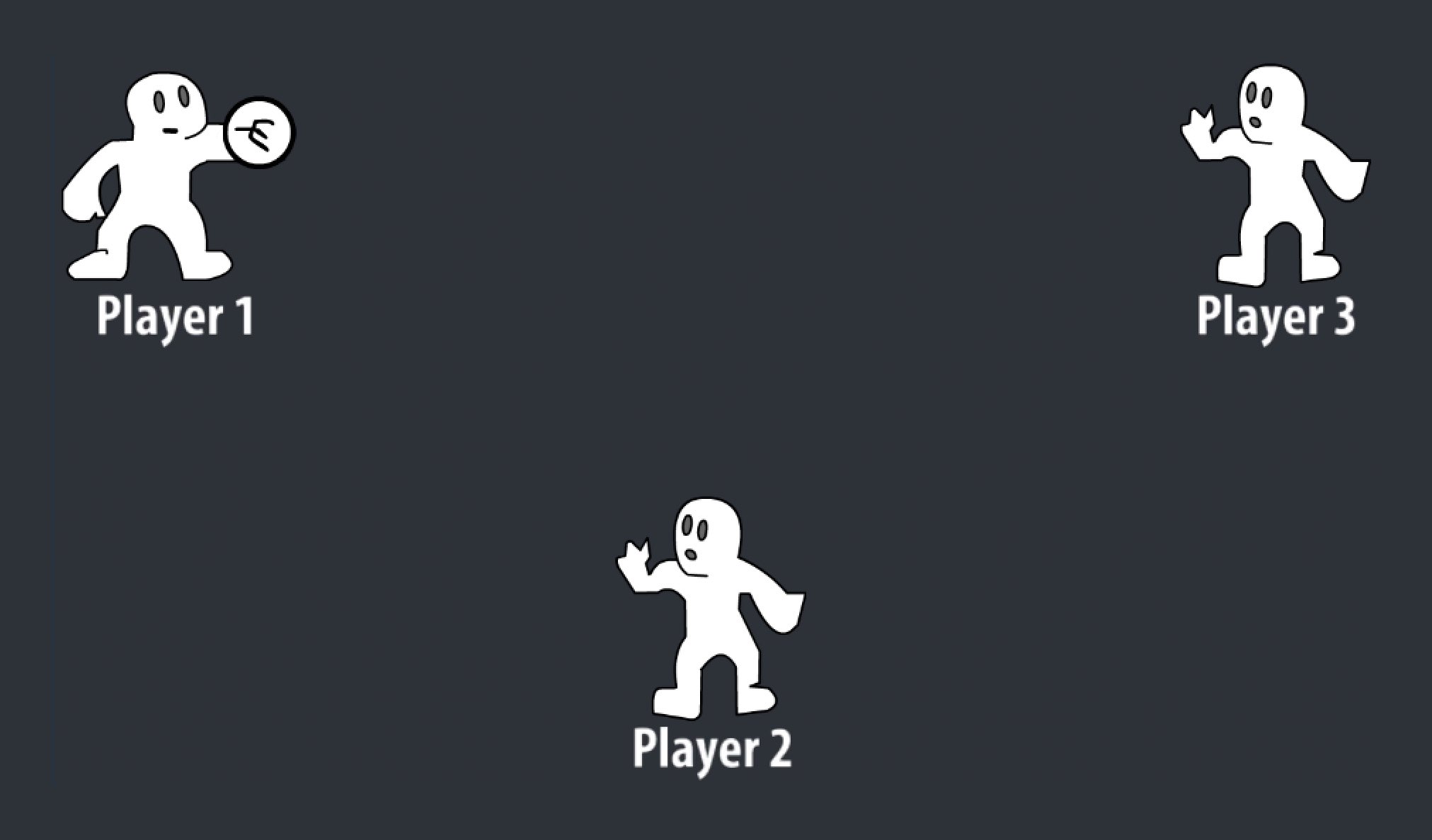 From the cyberball game, three outlined figures playing catch. Player 1 is mid-throw to Player 3.