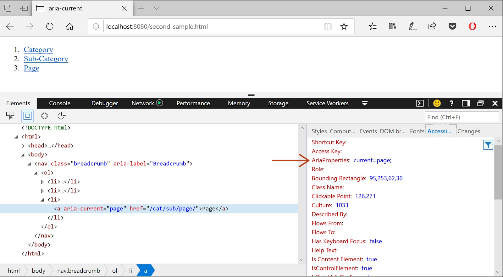Screenshot showing the Microsoft Edge tools inspecting an input element with the Accessibility Tree panel open, where the input's AriaProperties attribute now has a value of current=page