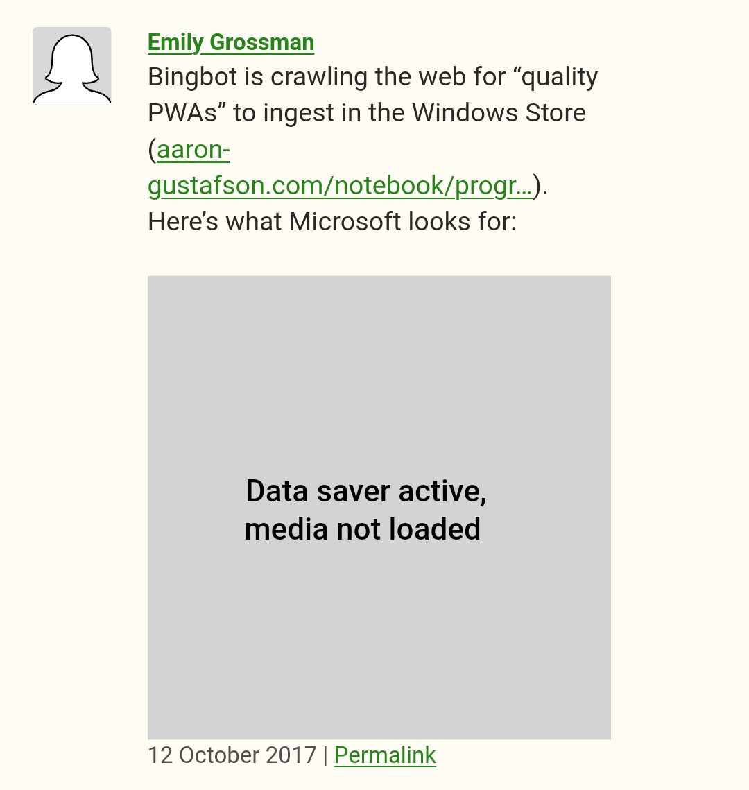 Screenshot showing a blog comment with a generic user profile image and image placeholder where the network could not load the actual images
