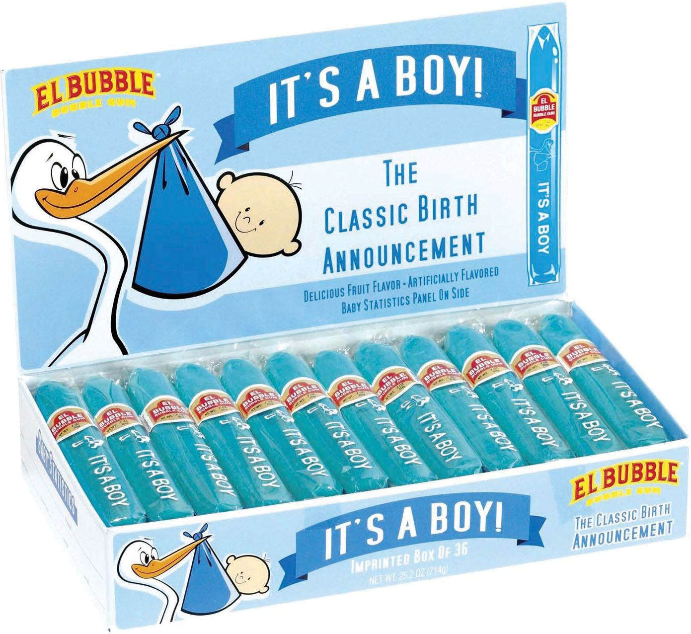 A box of 'It's a boy!' baby announcement candy cigars in blue