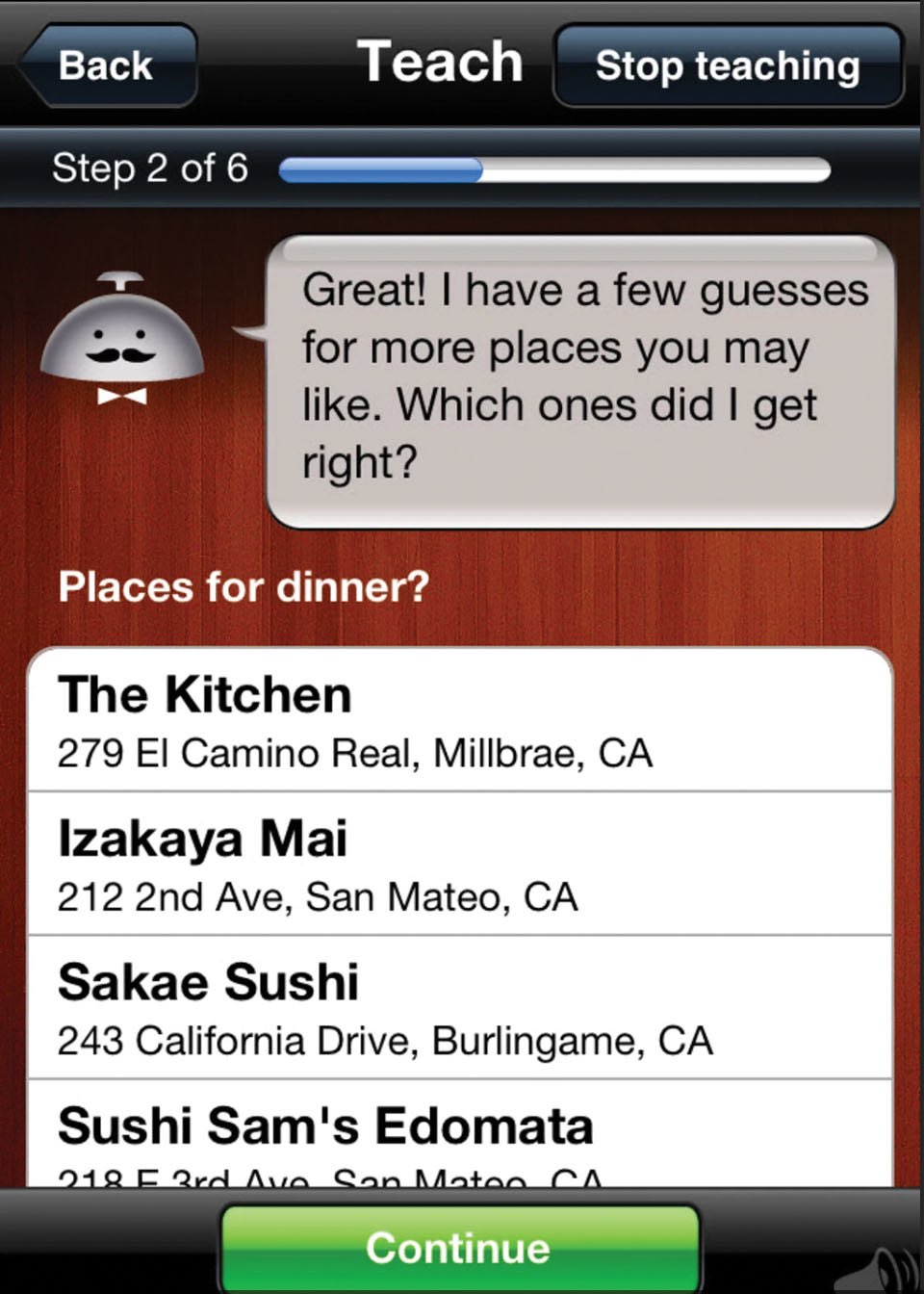 The Alfred app takes a guess at places the user might enjoy for dinner and asks if any of them are right.
