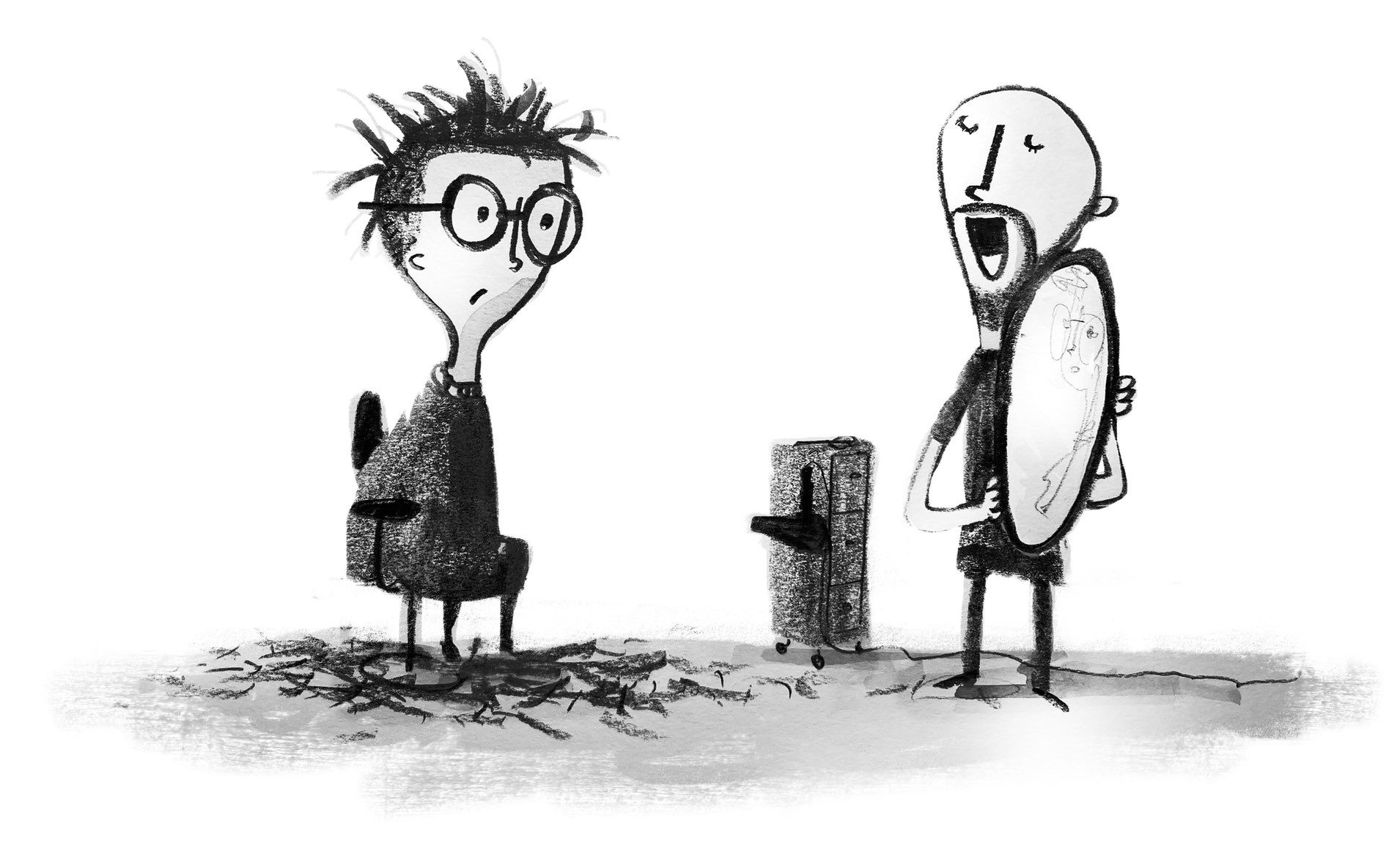 A bearded individual holds a mirror while talking on the right, while another person sits and contemplates the mirror on the left.