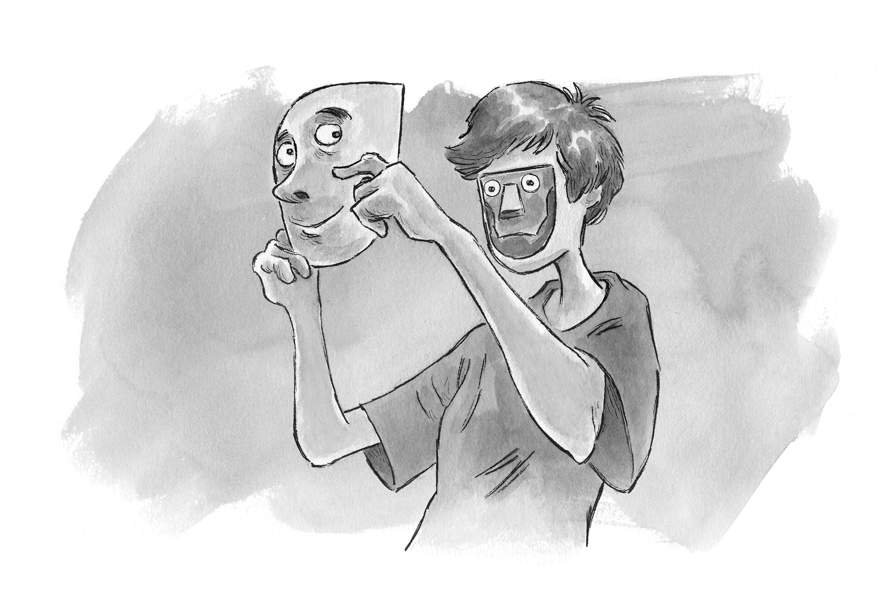 Illustration of a human-looking robot removing his face